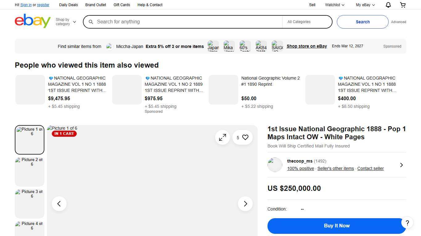 1st Issue National Geographic 1888 - Pop 1 Maps Intact OW - White Pages eBay