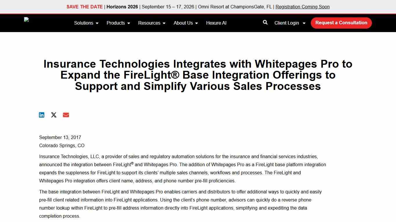 Insurance Technologies Integrates with Whitepages Pro to Expand the FireLight Base Integration Offerings to Support and Simplify Various Sales Processes Hexure